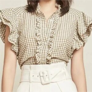 Veronica Beard Checkered Ruffle Blouse - Tan